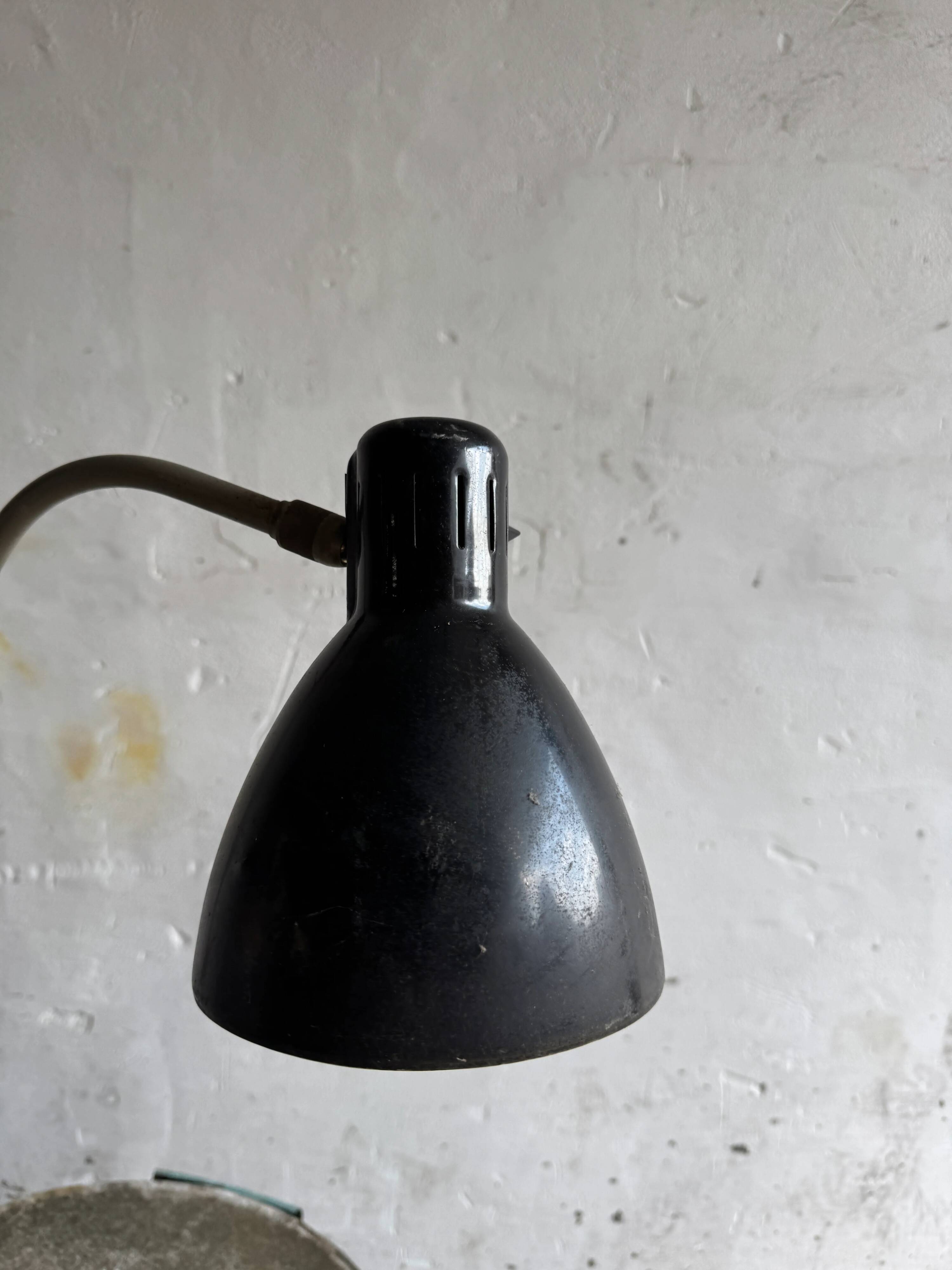 Vintage Black Metal Screw-On Industrial Clamp Lamp with Adjustable Arm and Conical Shade