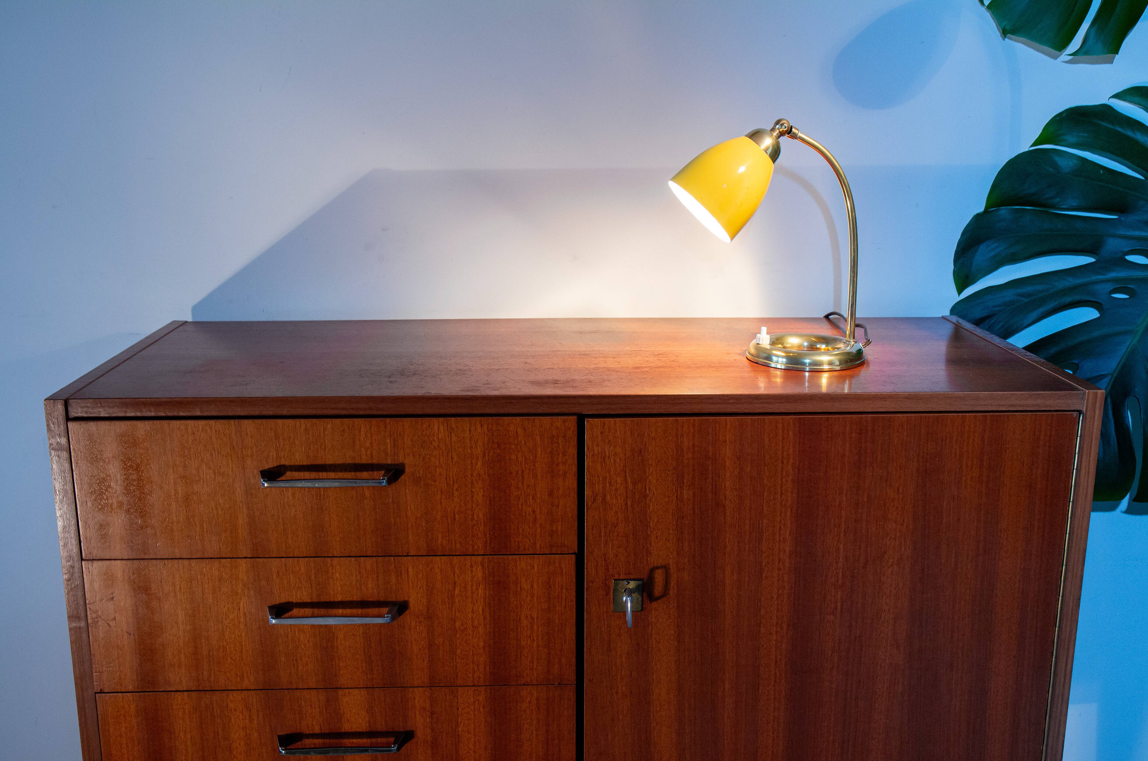 1950s brass and mustard metal lamp, superb