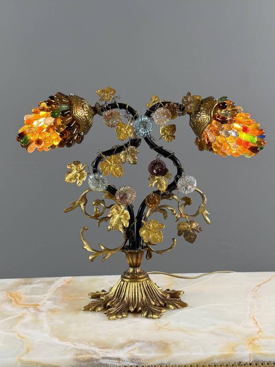 Bronze and polychrome glass lamp, 20th century