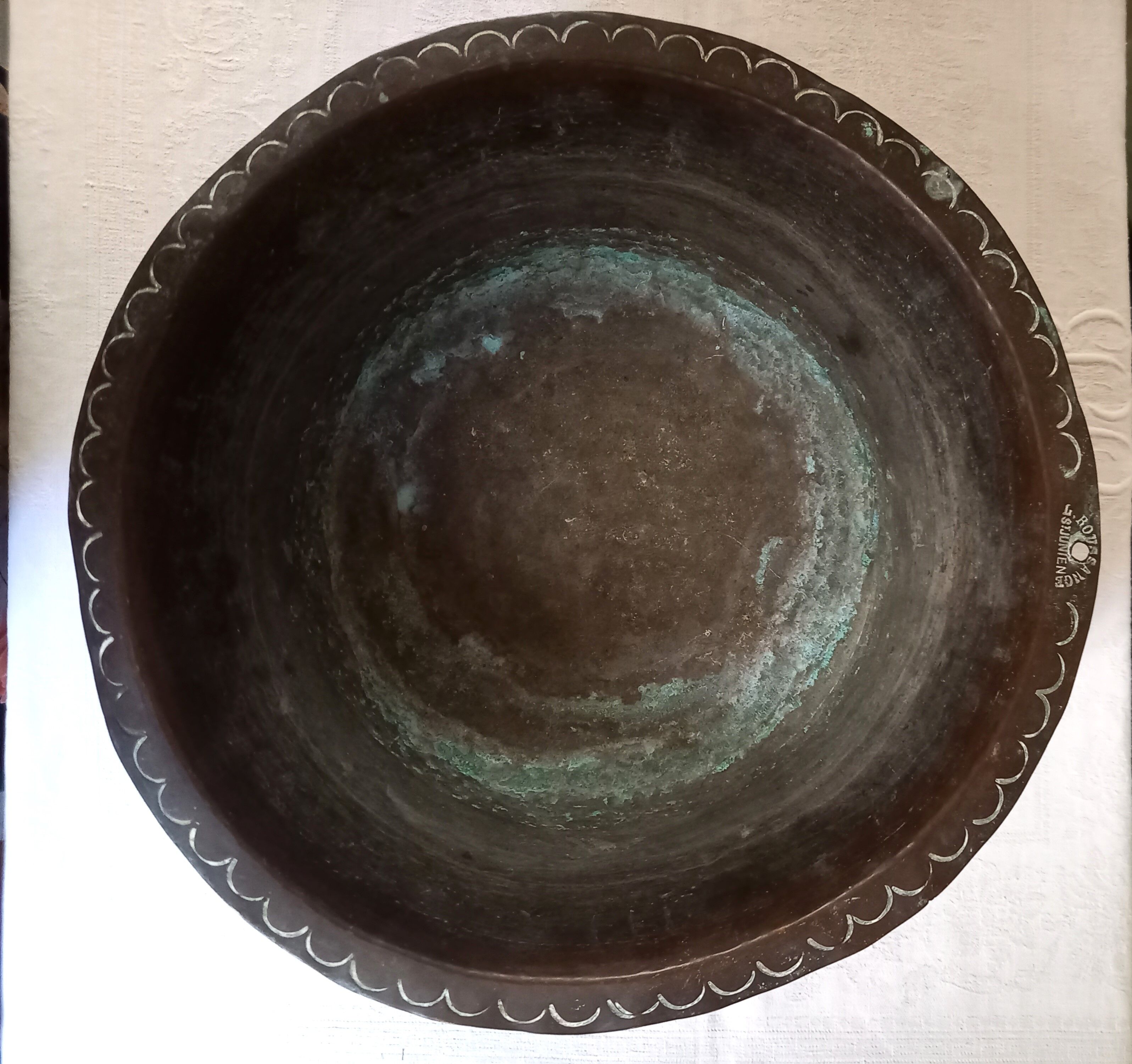 Old copper basin, stamped L.Roussange, Saint-Junien