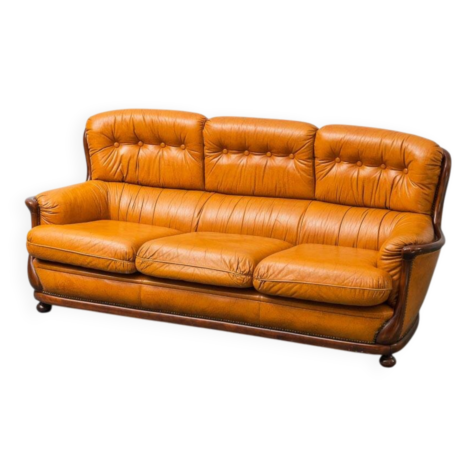 3-seater leather and wood sofa, 1950s vintage modernism