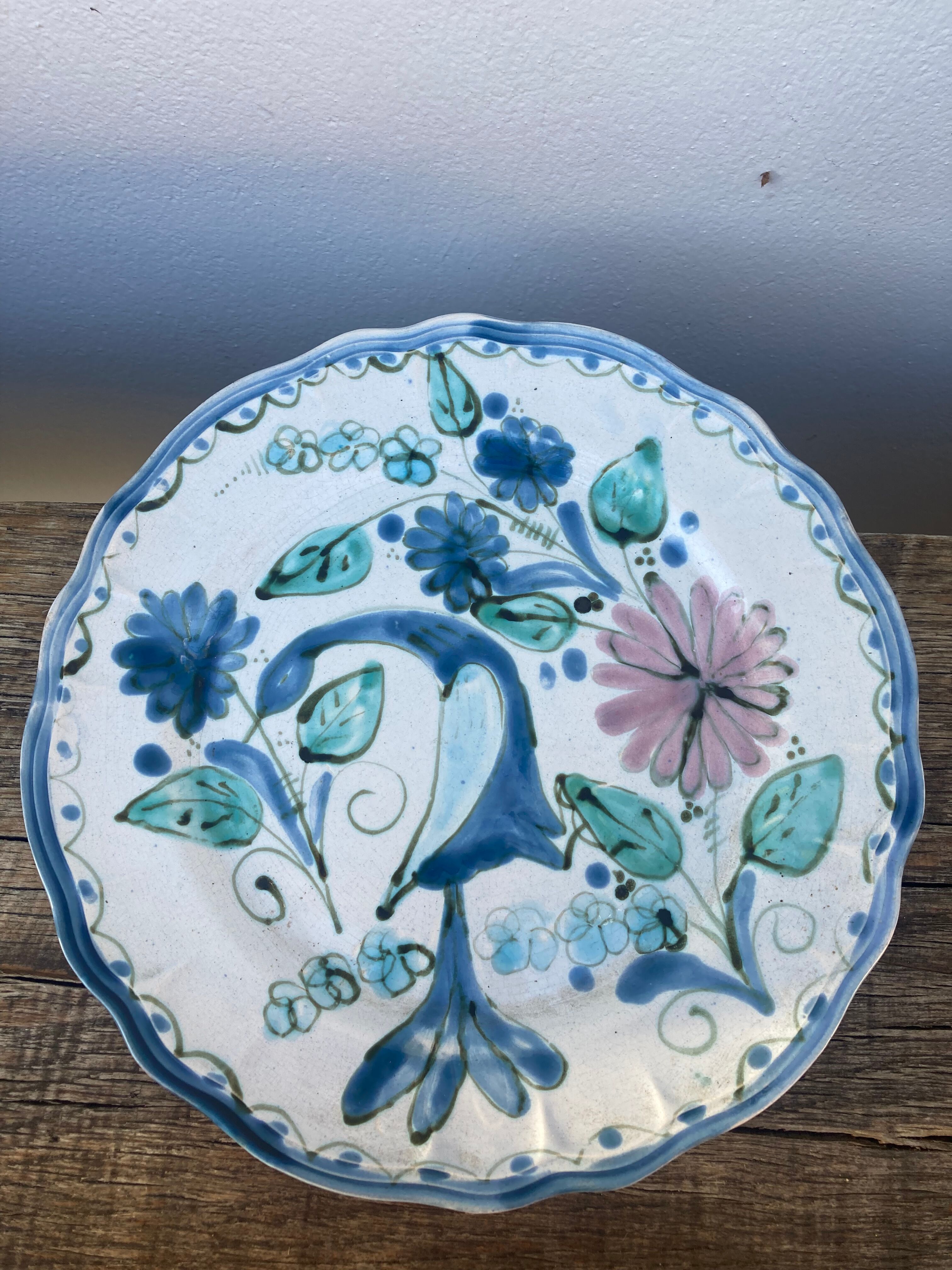 Decorative plate decorated with bird and flowers blue and pink vintage