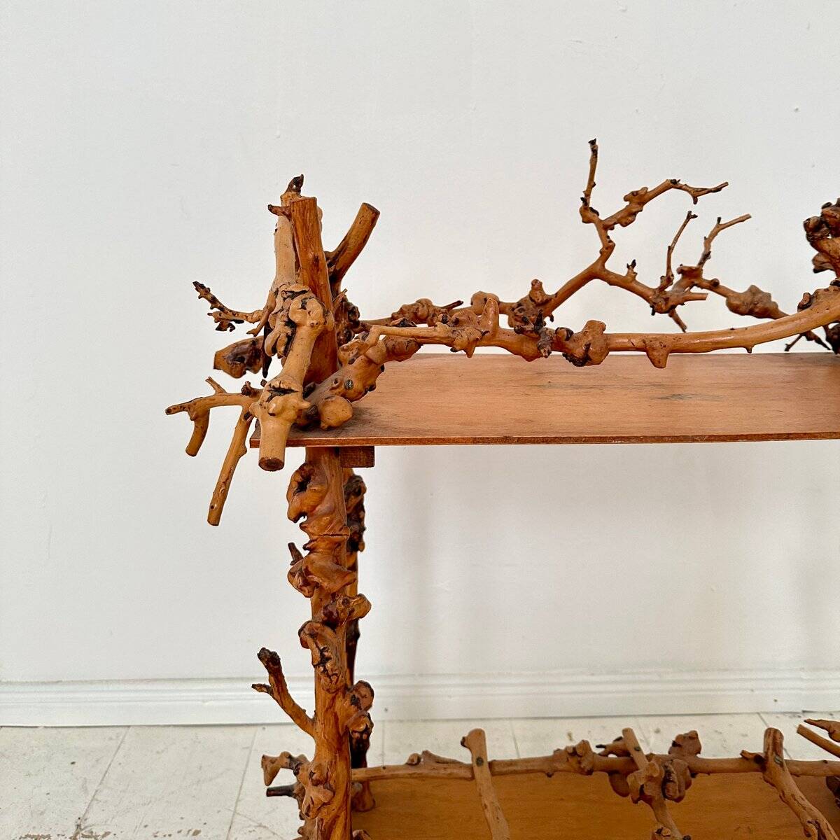 Mid-Century Bar Cart in Brown Burl, Plywood and Root Wood, 1960s