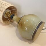 Lampe vintage en grès signée beige marron abat-jour en raphia corde 1970