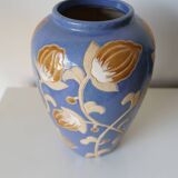 Glazed stoneware vase – floral decoration in relief – Keramis style – 1970s