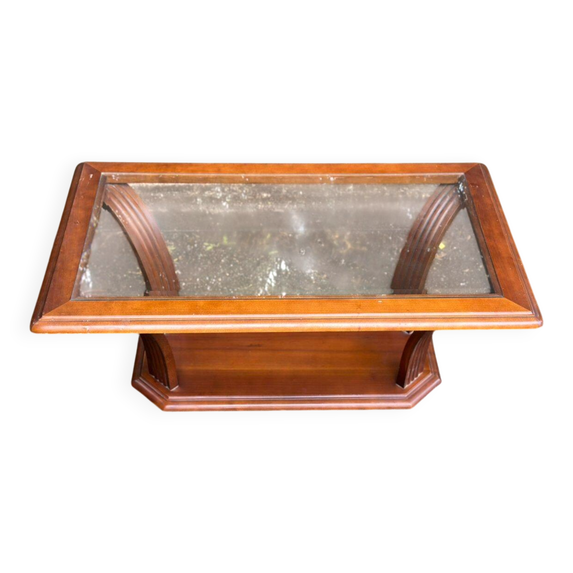 Table basse vintage en bois massif et verre