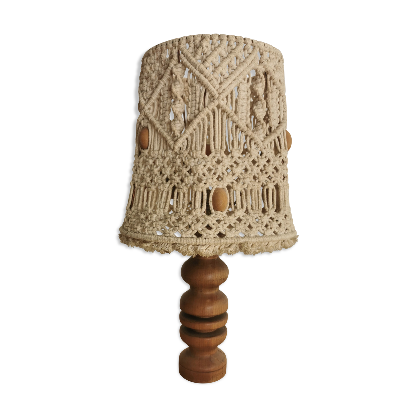 Lampe macramé vintage pied bois