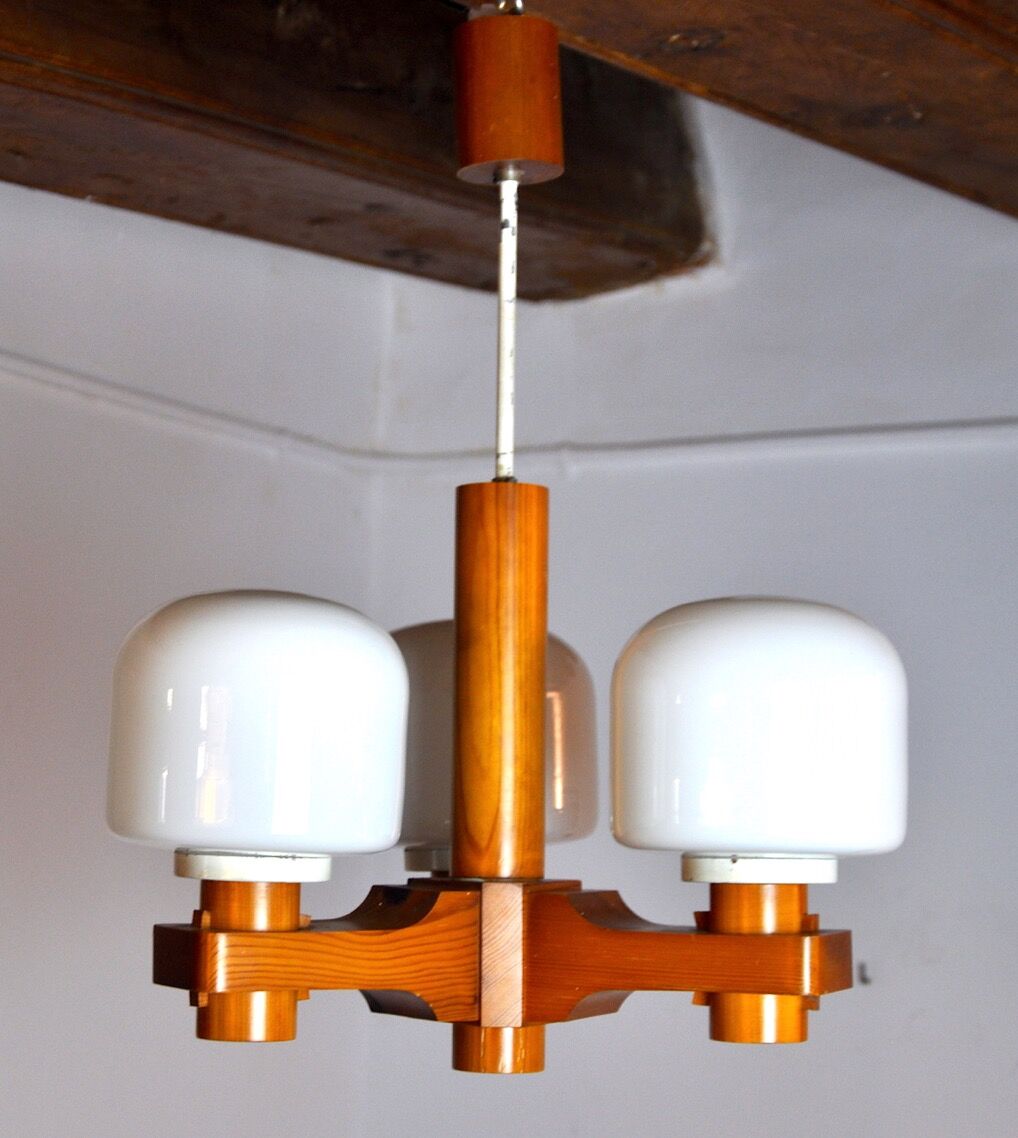 Nordic chandelier in Wood and Opaline, Denmark, 1970