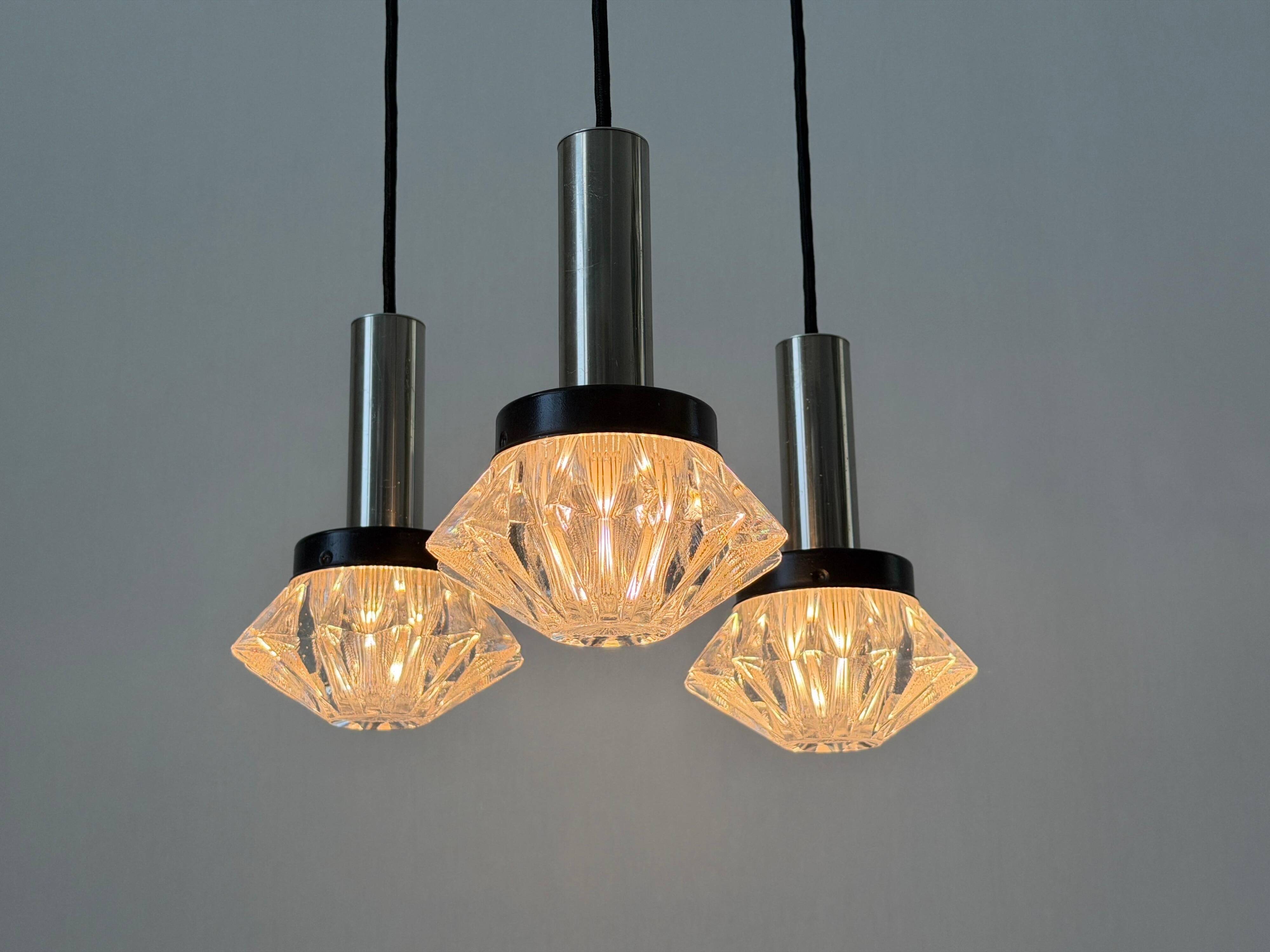 Suspended cascade lamp with 3 glass crystal and metal shades, 1960s, Germany