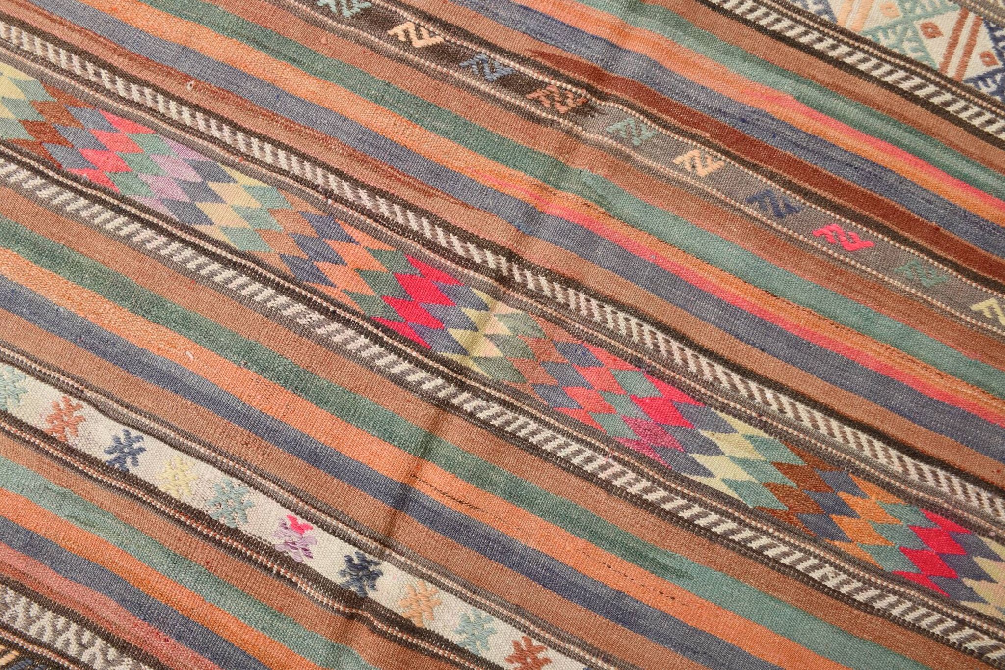 5x8 Orange Blue Striped Turkish Vintage Kilim Rug 170x245Cm