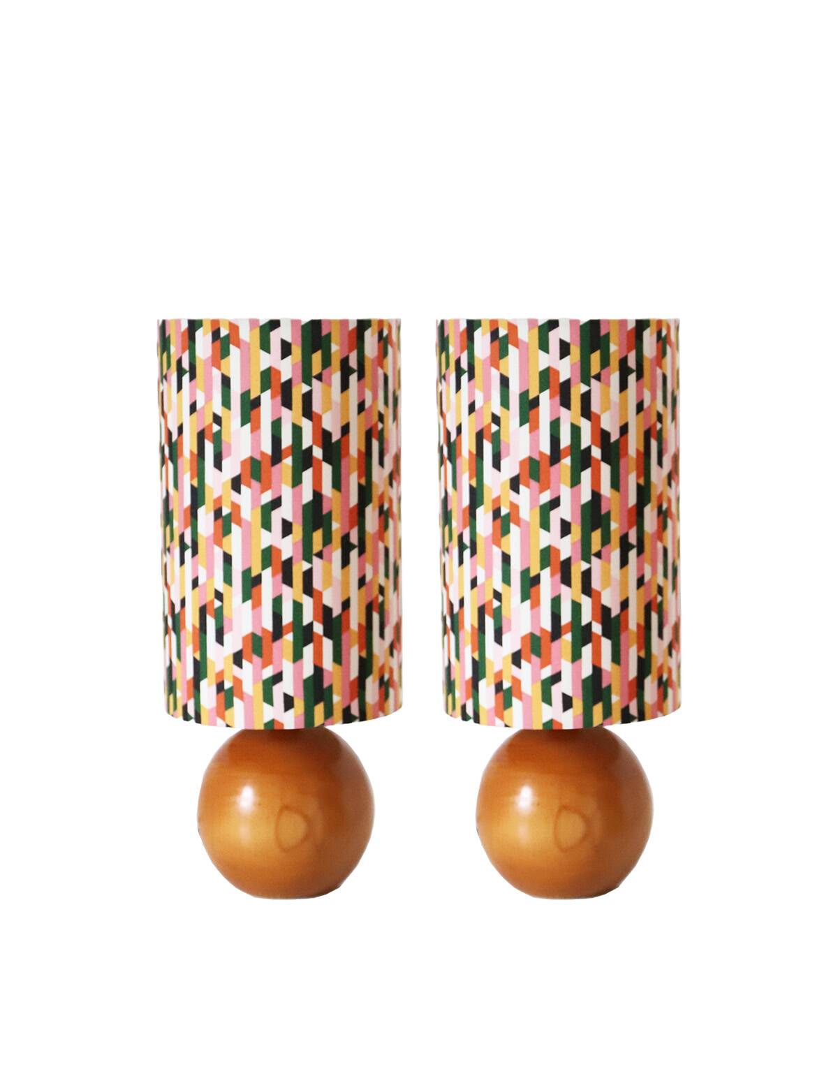 Bedside lamps, solid wood sphere base and printed cylinder lampshade
