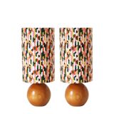 Lampes de chevet, pied bois massif sphère et abat-jour cilindre imprimé