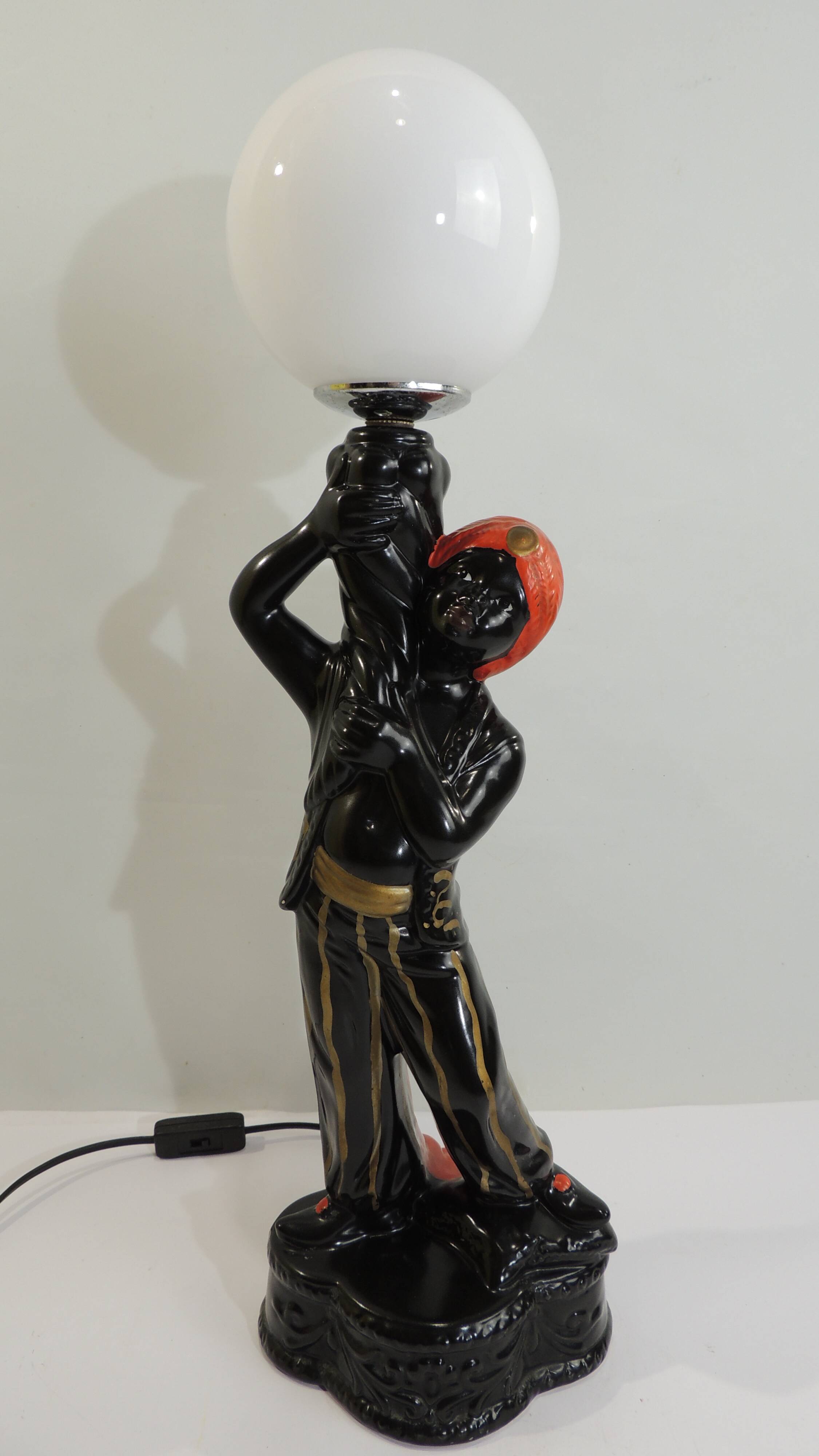 Vintage 1970s statue lamp – Black figurine in Art Deco style, opal ball.