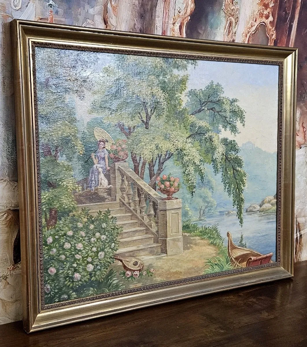 Tableau huile sur toile représentant une scène romantique