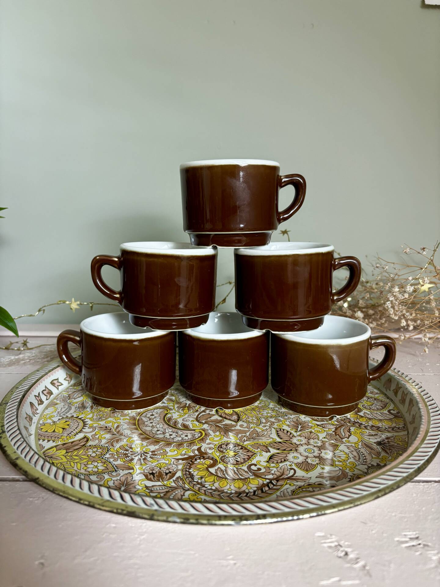 Set of 6 vintage brown glazed bistro coffee cups.
