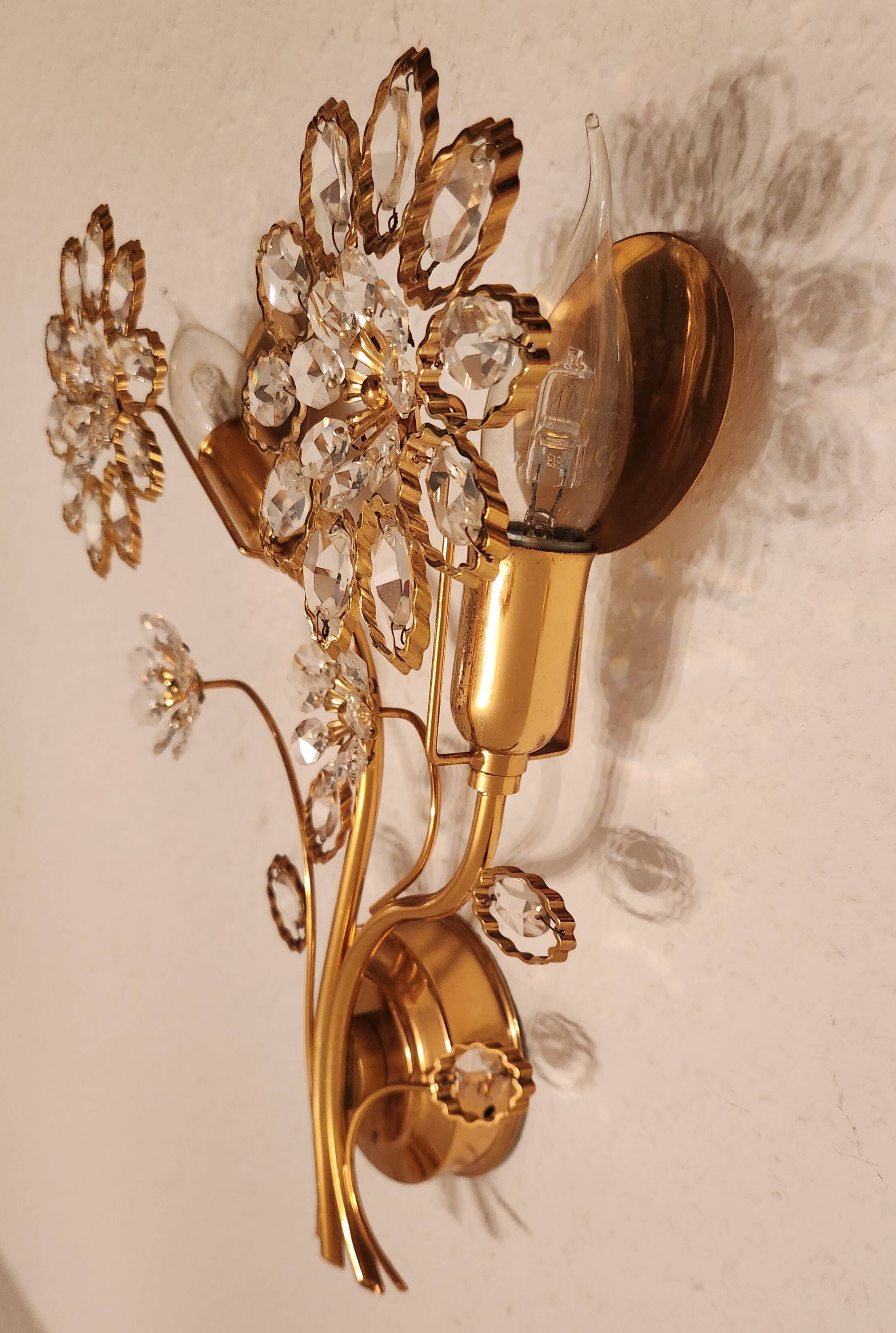Set Hollywood Regency Wandlampe vergoldet Messing Swarovski-Kristalle Palwa