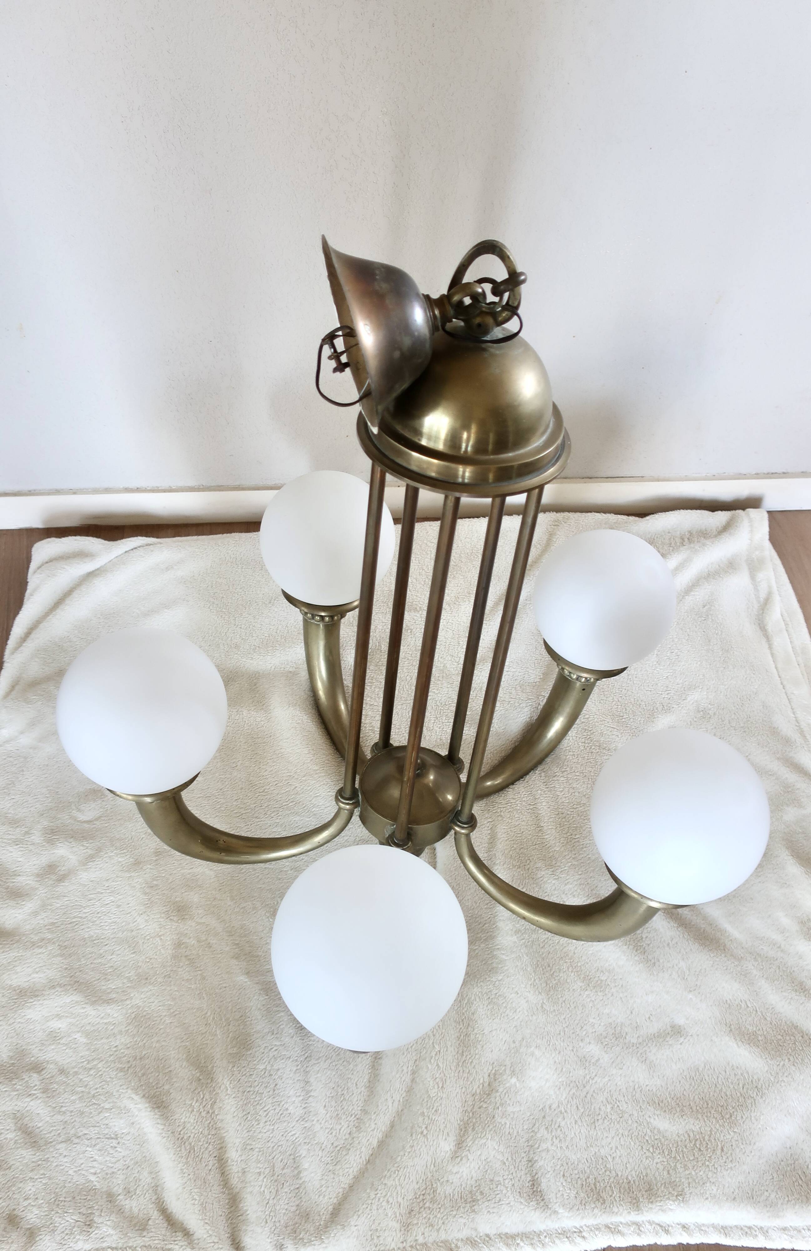 Art Deco chandelier in bronze and opaline by Jean Pascaud, 1940s.