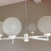 Six-light chrome metal chandelier and opaque glass globes / vintage 60s and 70s