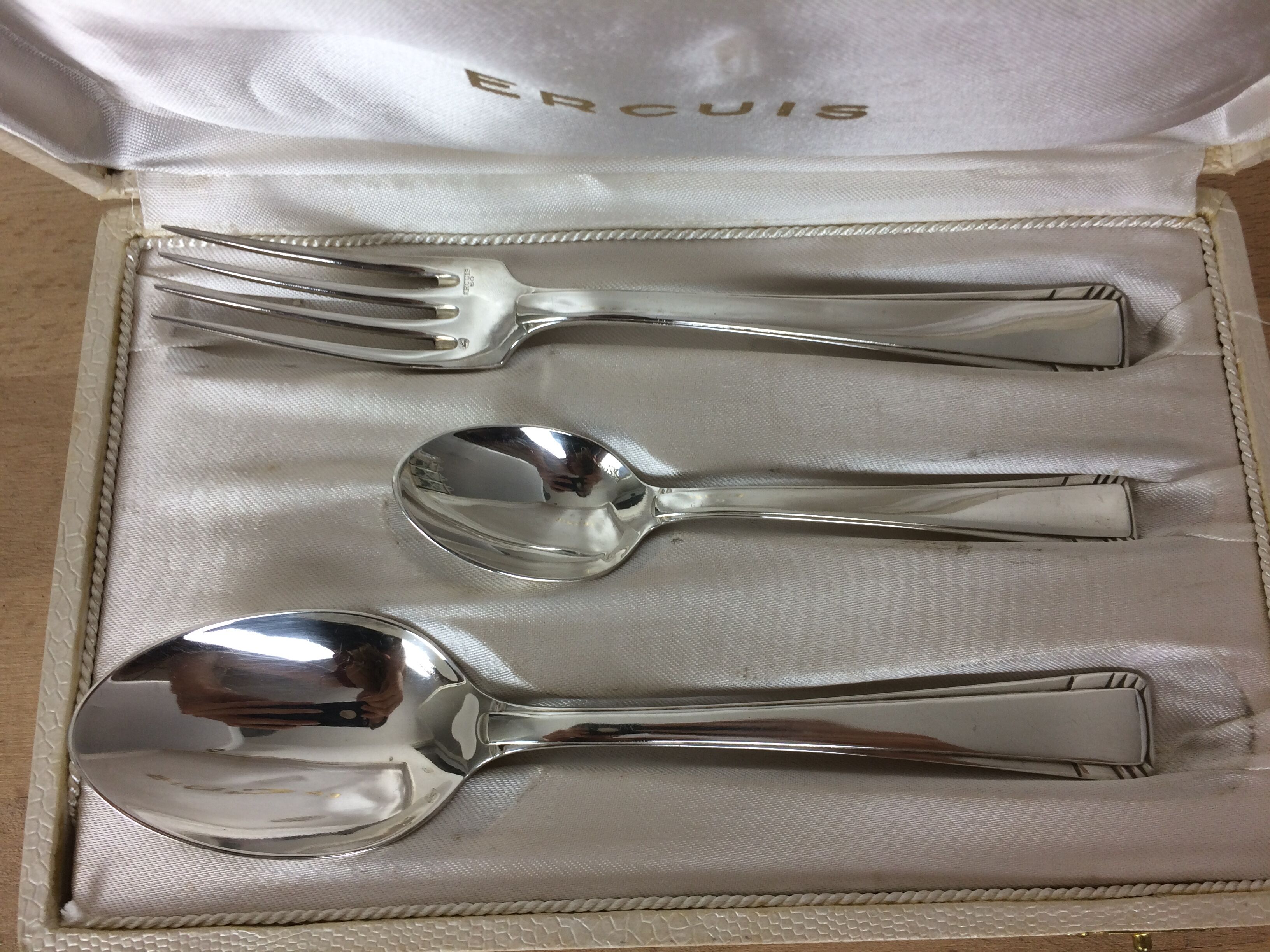 Ercuis silver metal, birth or baptism cutlery box