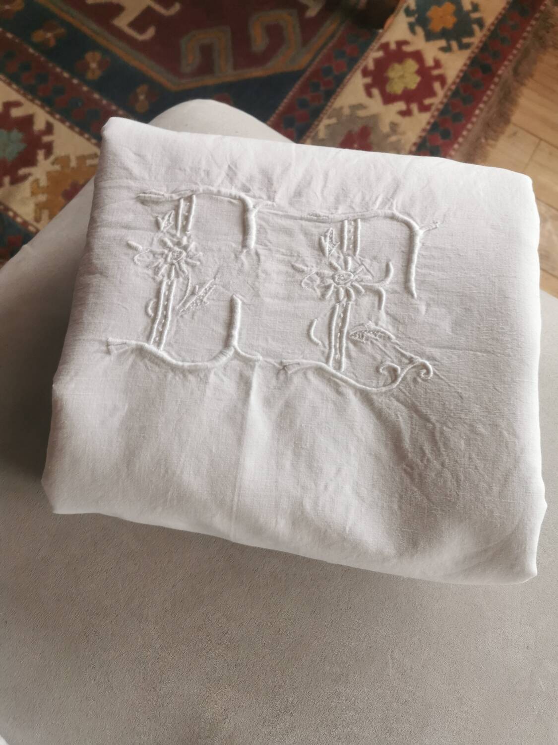Old large linen sheet monogrammed CP
