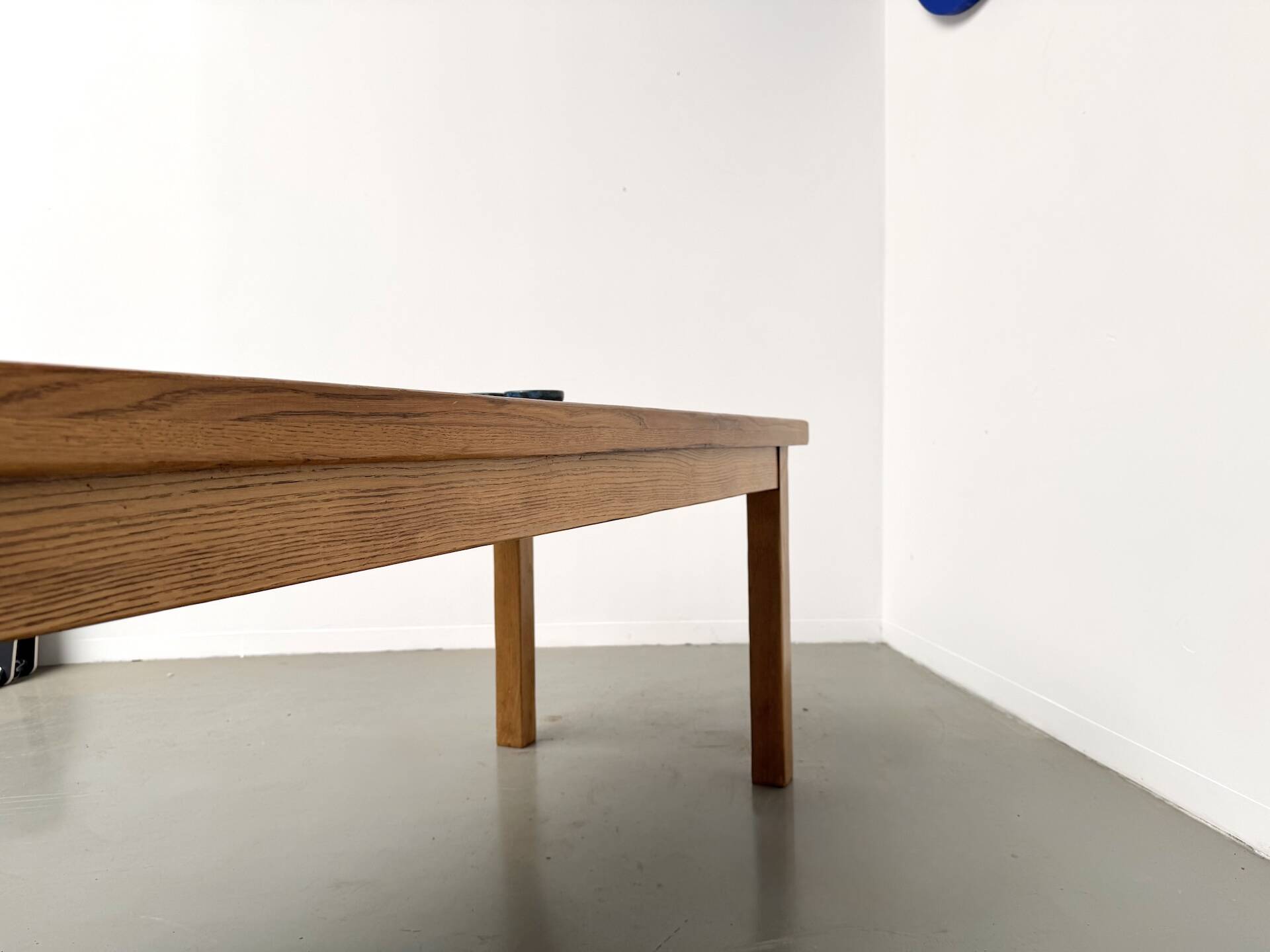 Solid oak farmhouse table, square legs.