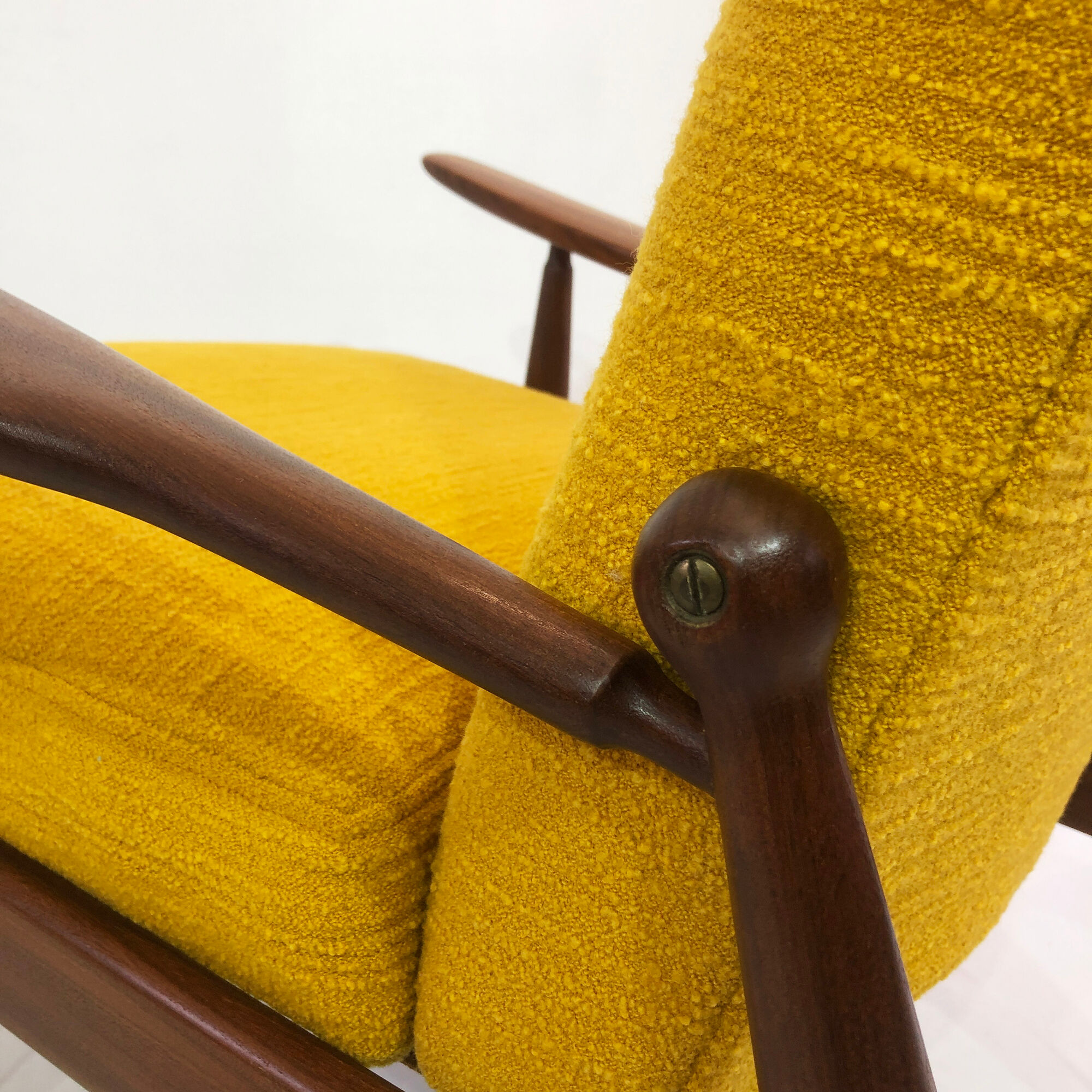 Scandart high back yellow bouclé armchair 60s 70s midcentury vintage retro ercol