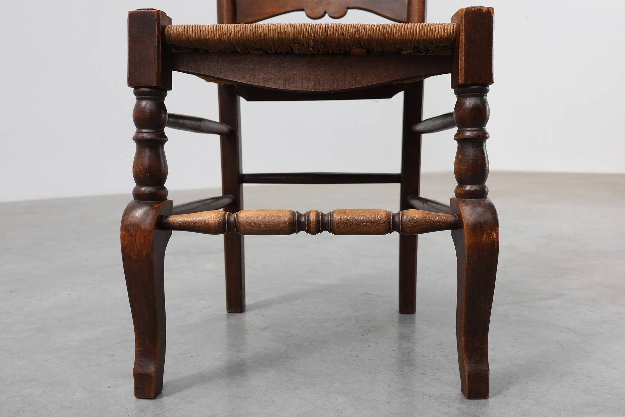 Rustic Oak Ladder-Back Chair with Rush Seat and Cabriole Front Legs, France