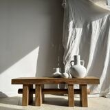 Solid wood bench with openwork base crossed by a cylinder - Mango wood