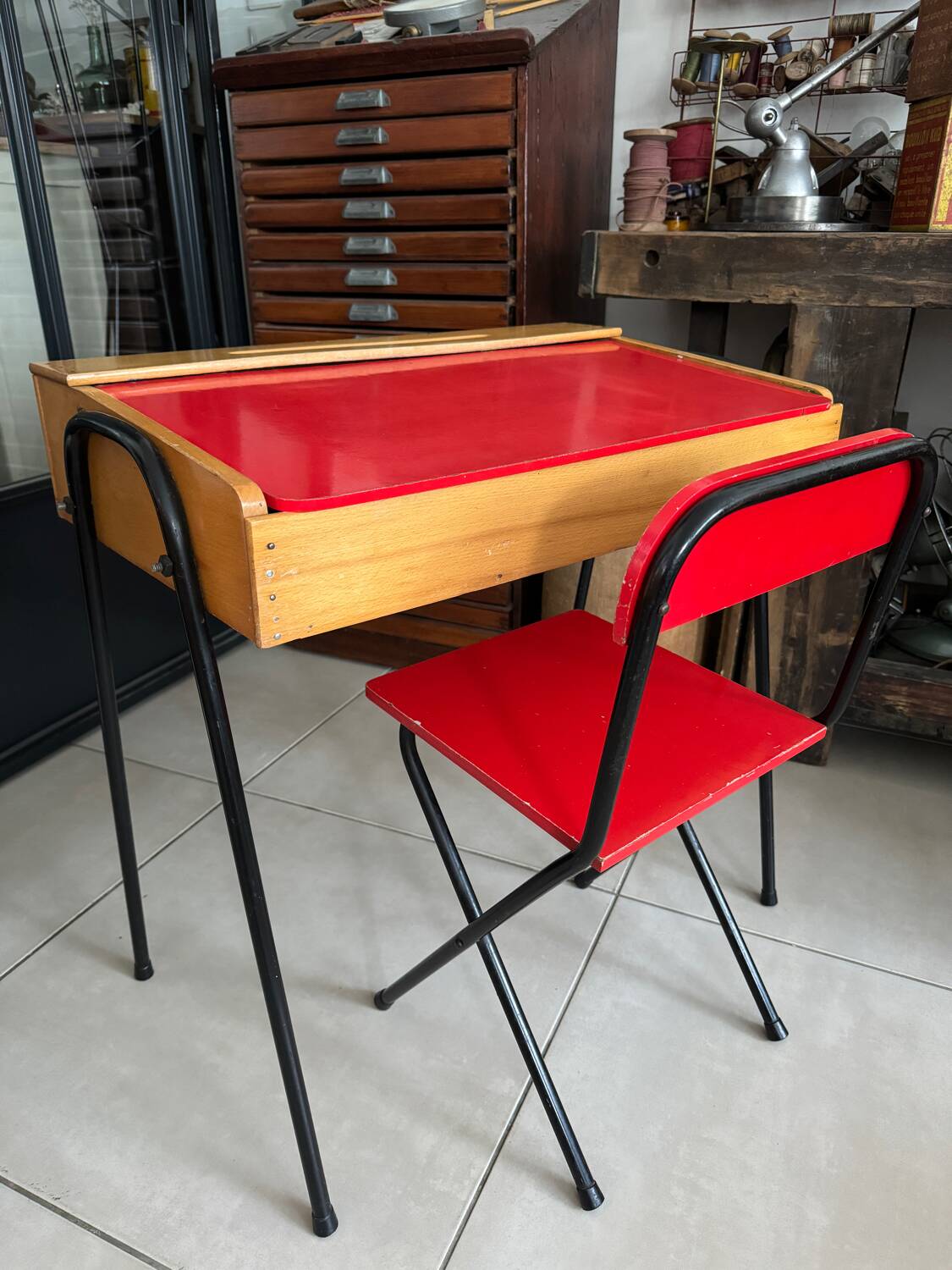 Vintage red children's desk and chair set