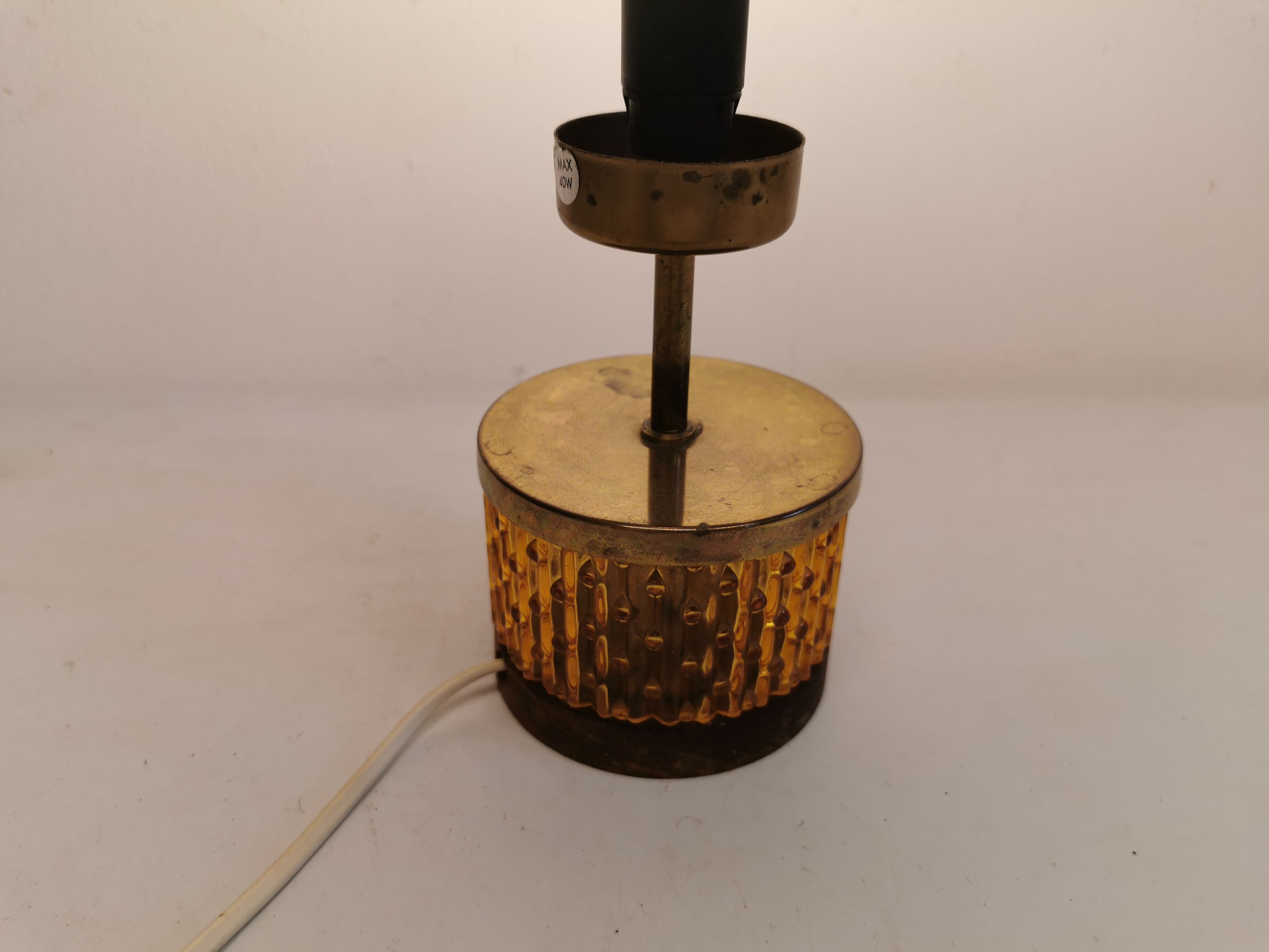 Swedish table lamp foot, made of wood, amber bubble glass and brass