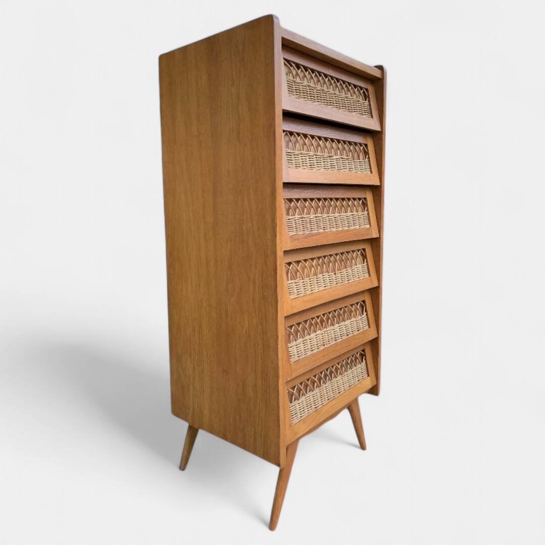 Vintage rattan chiffonier with compass feet 1950