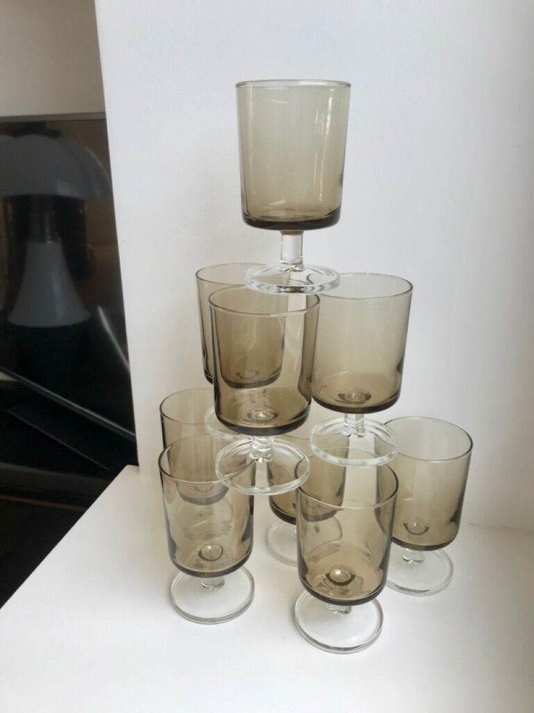 Set of 8 70s smoked glass wine glasses