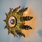 Sun wall lamp by ferro arte, metal and gold leaf, Spain, 1960