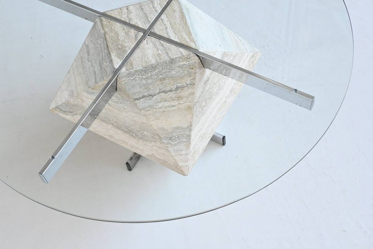 Diamond shaped coffee table in travertine and chrome Italy 1960