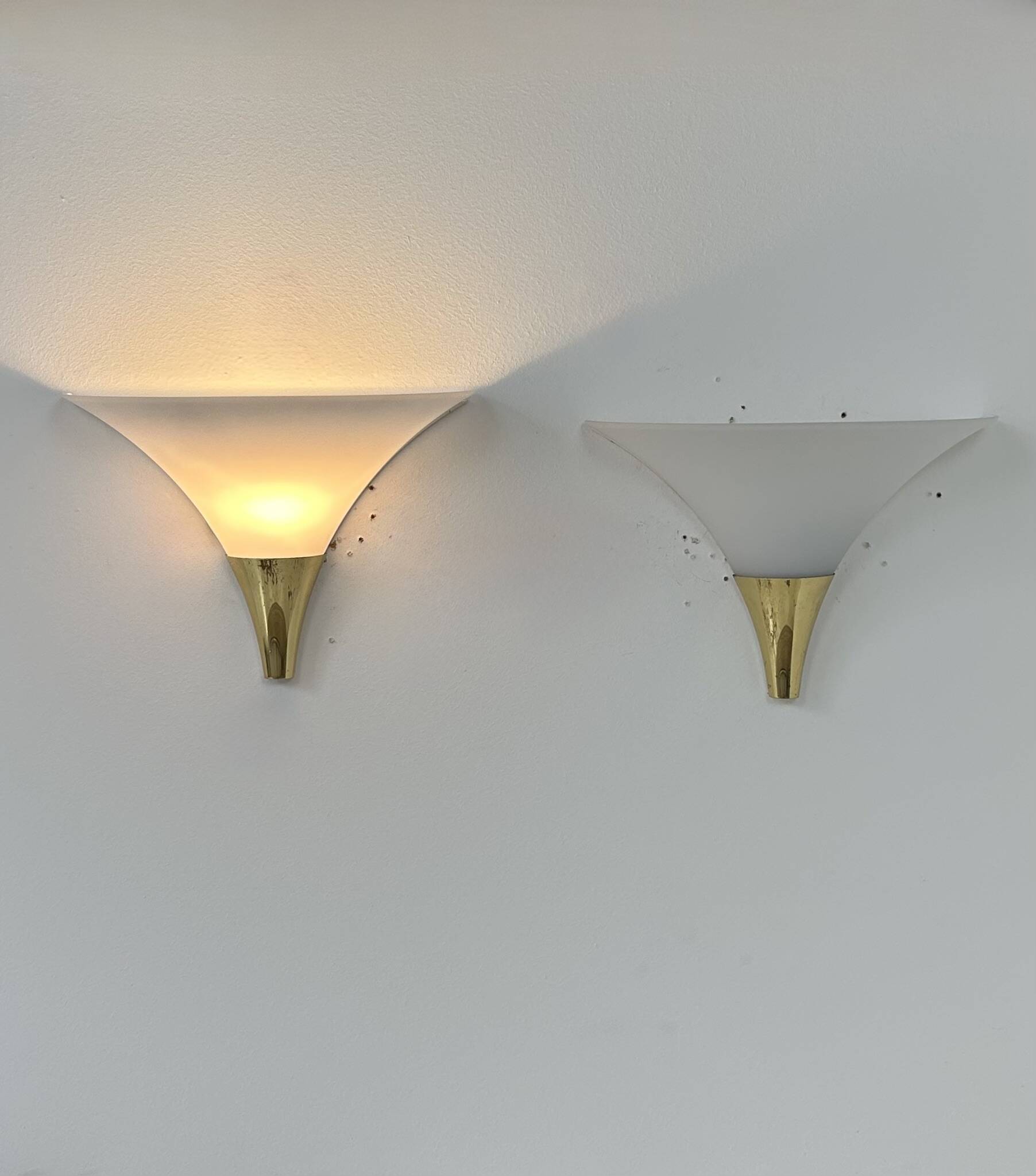 Vintage pair of wall lights, Limburg, opaline and brass, Germany, 1970.