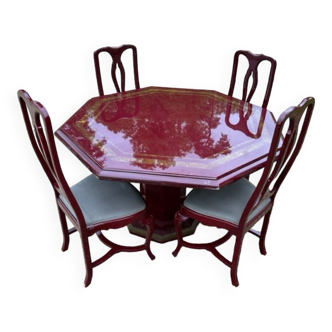 Table and 4 red lacquered chairs
