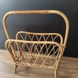 Vintage magazine holder 60s in rattan honey light