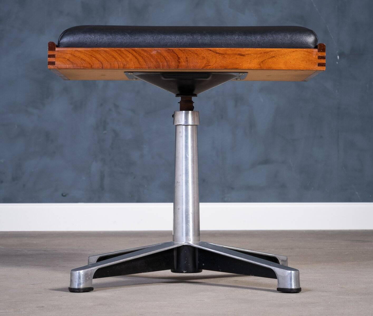 Teak Swivel Stool with Black Leather Seat, 1960s