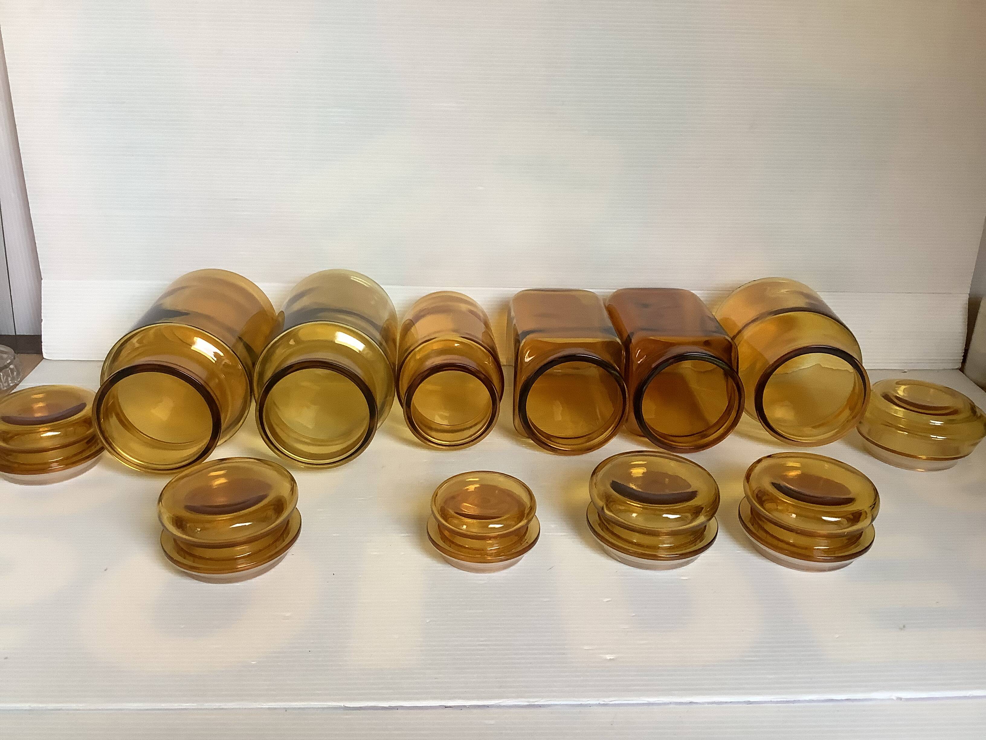 Six yellow glass candy jars from the 70s