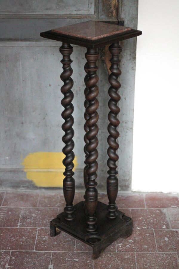 Sellette bois et marbre vintage, guéridon bois tourné Louis XIII