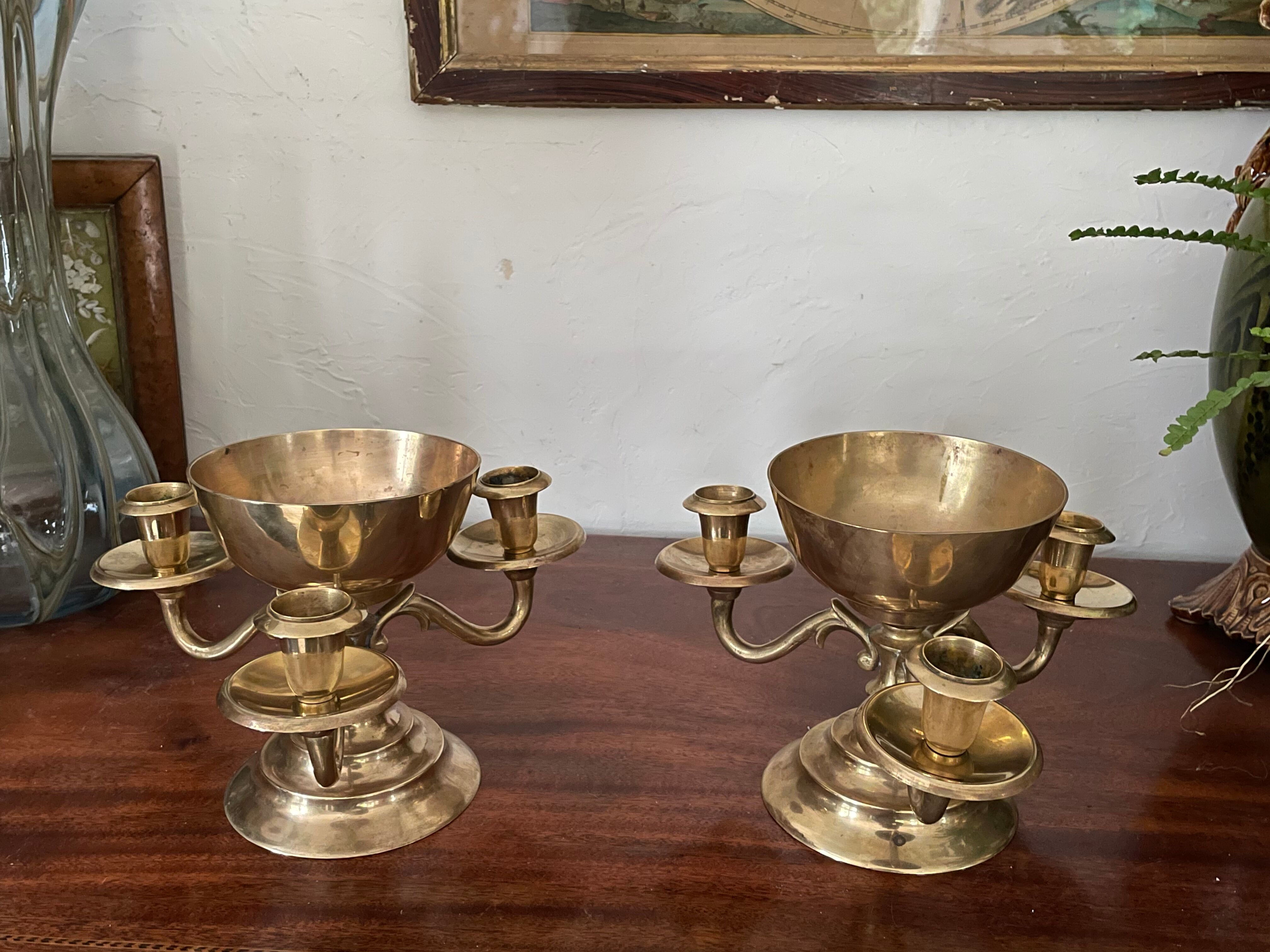 Pair of solid brass calyx candlesticks