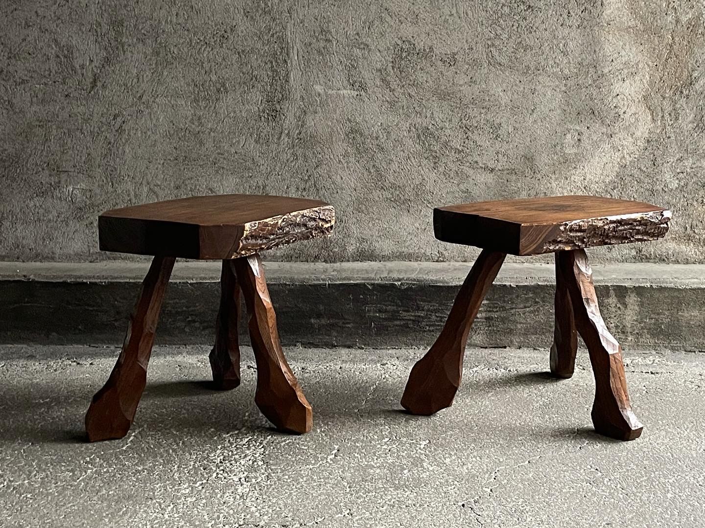 Pair of tripod stools in solid oak, France 1940s