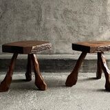 Pair of tripod stools in solid oak, France 1940s