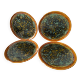 Set of 4 flamed enamel plates in green and amber from the 60s-70s.