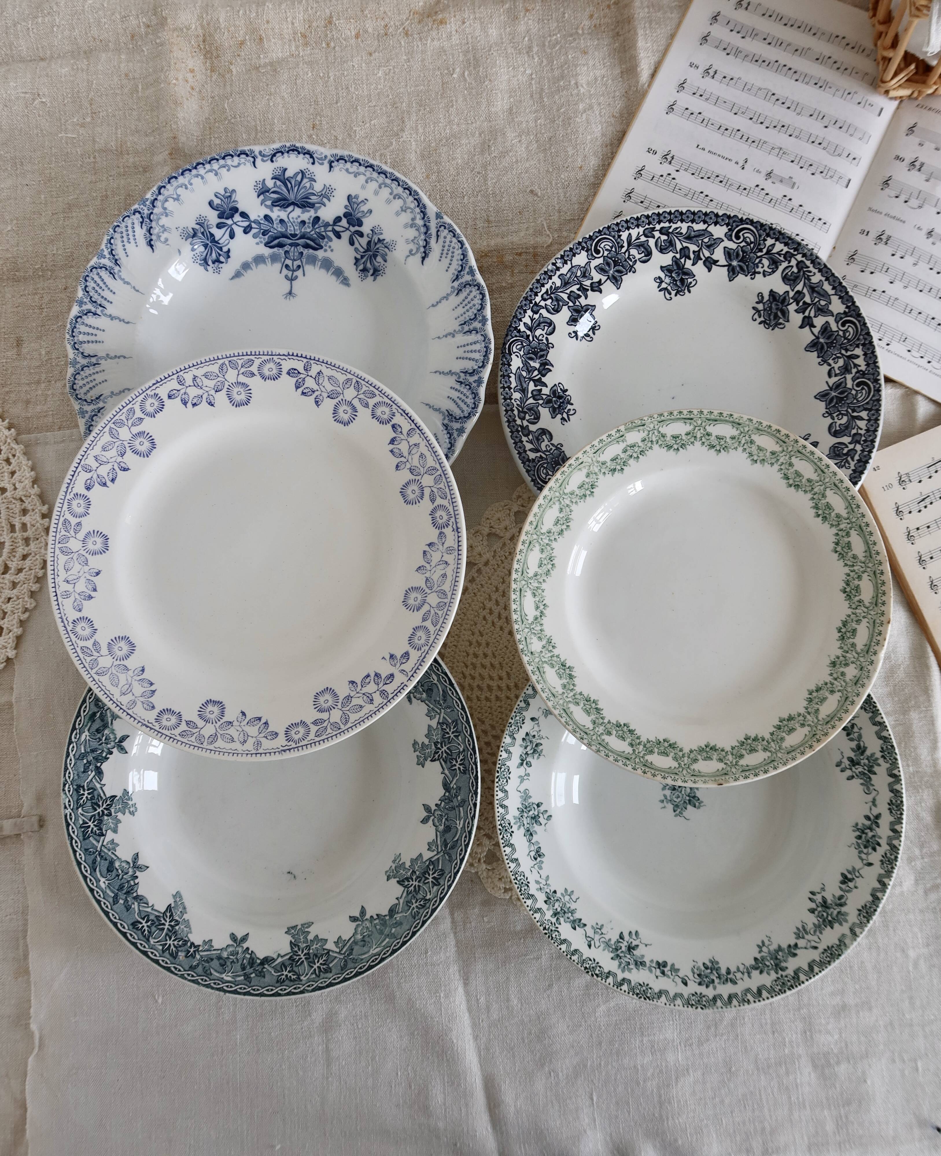 6 mismatched vintage iron earthenware plates