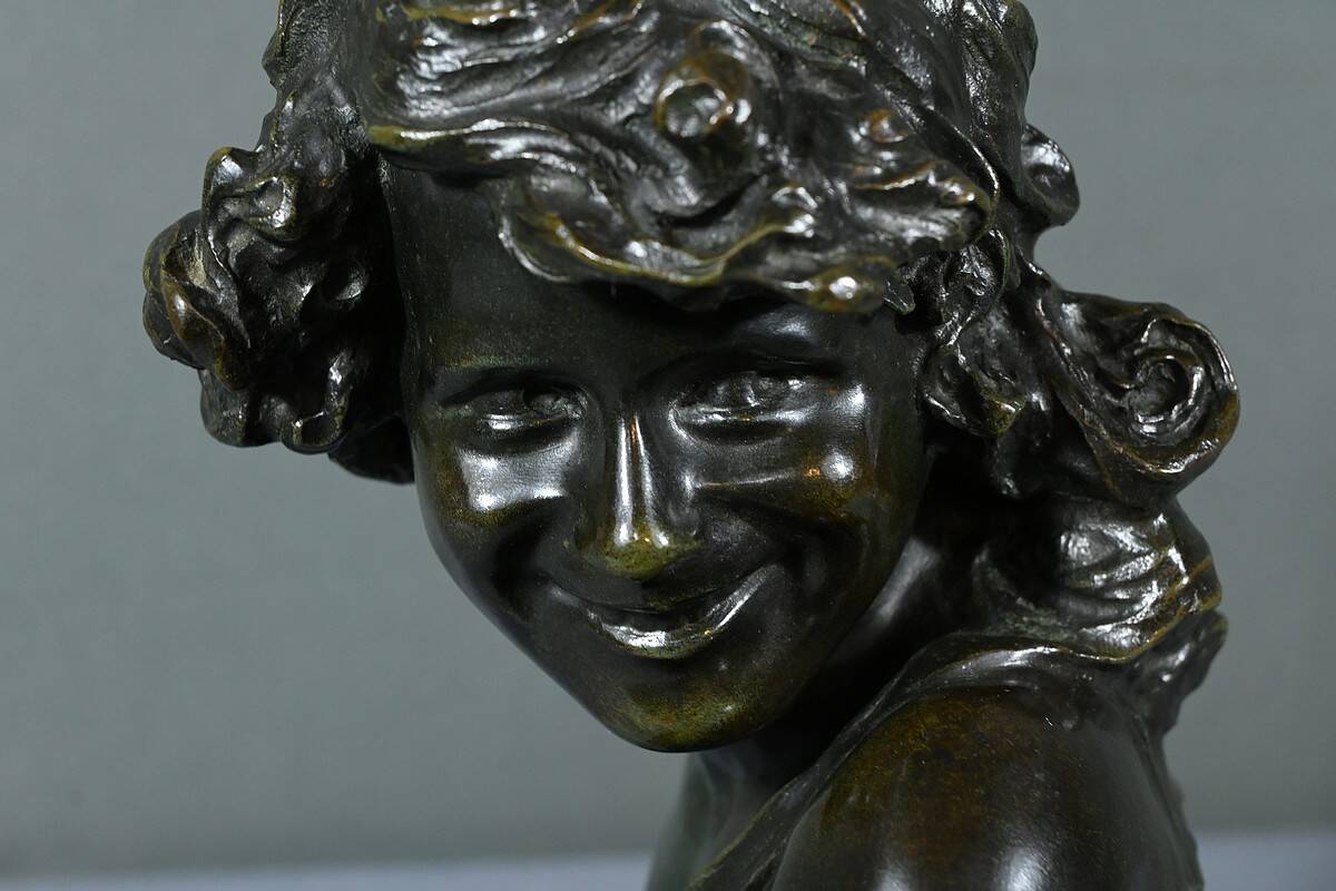 Bronze “Laughing Child”, signed A.Injalbert – Late 19th century