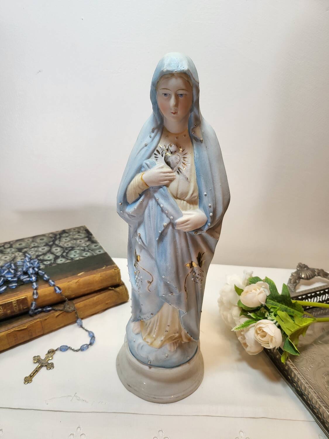 Antique Religious Biscuit Statuette Virgin Mary Sacred Heart