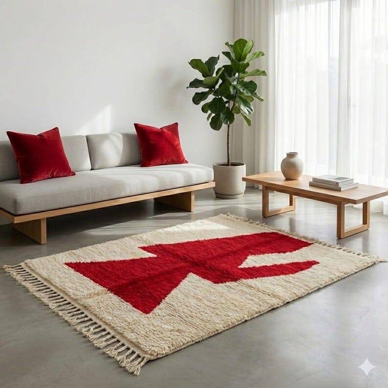 Tapis berbère en laine pure fait main rouge et blanc 150/250 cm