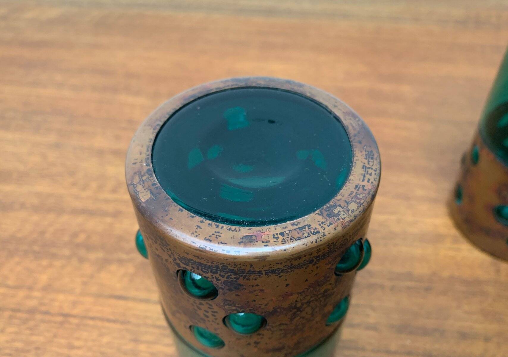 Drinking glasses in green glass and copper in mid-century style by Nanny Still, 1960s, set of 5.