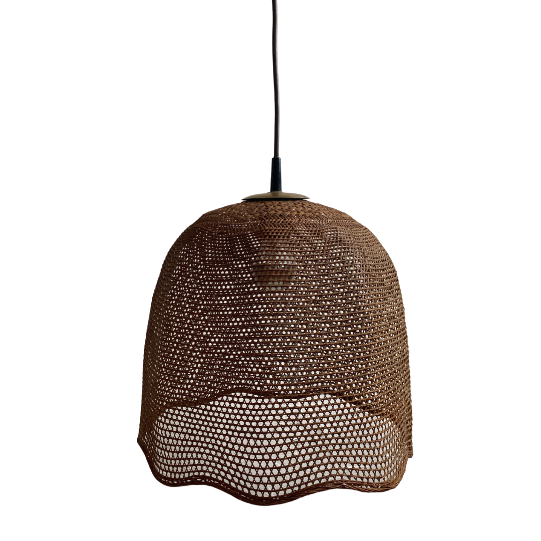 Rattan wicker webbing beehive pedant hanging lamp with brass, Dutch 1960s